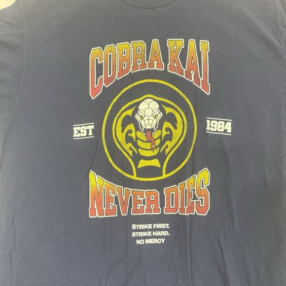 Bioworld Cobra Kai Never Dies Sz Lg T-Shirt Blue 100% Cotton Excellent Used Con - Picture 3 of 8
